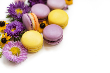 Colorful macarons, flowers and leaves on a white isolated background. Colorful french dessert with fresh flowers. Autumn concept