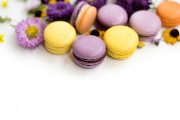 Colorful macarons, flowers and leaves on a white background. Colorful french dessert with fresh flowers. Autumn concept