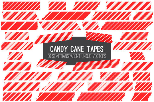 Red Candy Cane Washi Tape Stripes Isolated on White. Different Size Striped Masking Tape Pieces with Torn Edges. 36 Unique Semitransparent Vectors. Web or Print Layout Element or Photo Sticker.