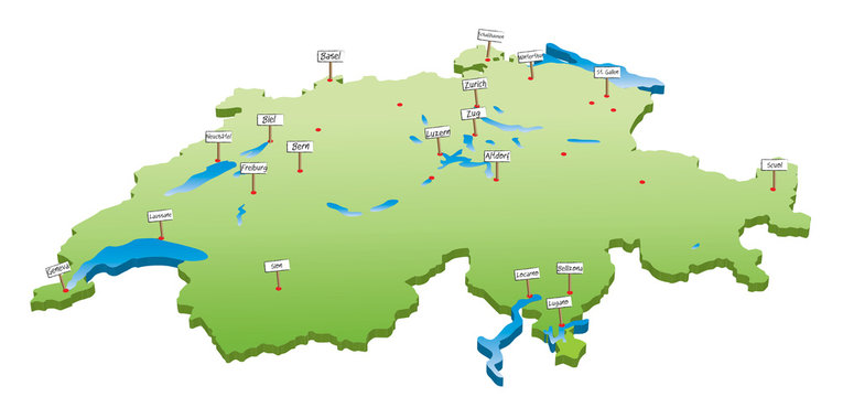 swiss map with lakes and main cities