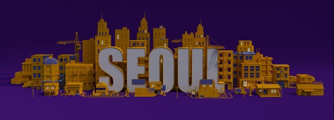 3d rendering city with buildings,  Seoul lettering name