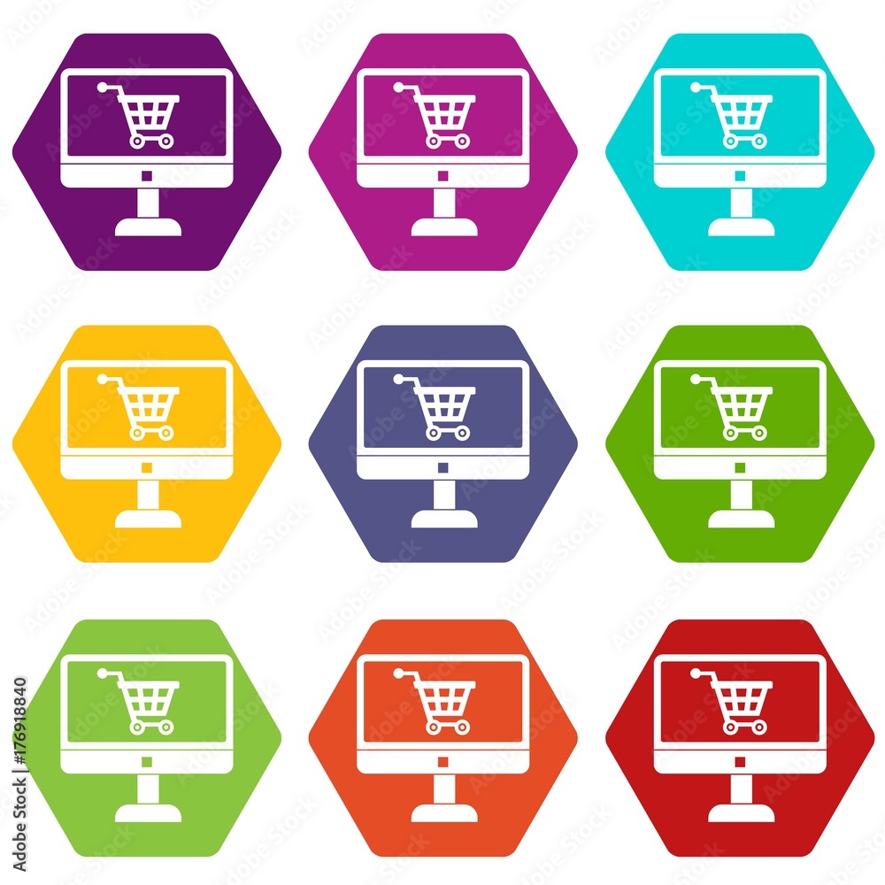 Poster purchase at online store through computer icon set color hexahedron