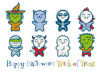 kids in Halloween monsters costumes.