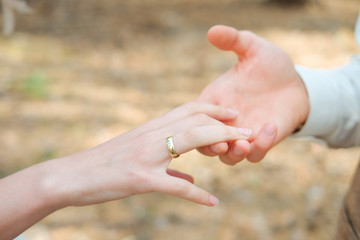 Bride and groom holding hands together tenderly wearing wedding rings
