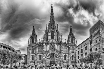 Fototapeta na wymiar Panoramic view with facade of the Barcelona Cathedral, Catalonia, Spain