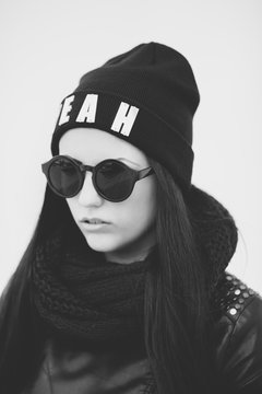 portrait of young woman with text Yeah" on the black hat. "ortrait of young woman w""ortrait of young woman with text Yeah" on the "rtrait o