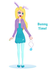 Bunny girl with clocks. White background