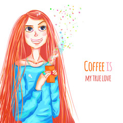 Funny girl holding coffee cup, cute girl, illustration