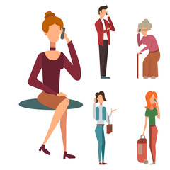 Trendy flat people with phone gadgets group characters using hi tech technology vector illustration.