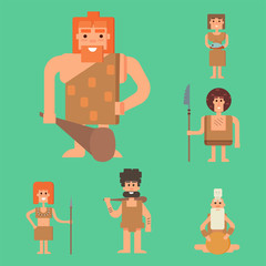 Caveman primitive stone age cartoon neanderthal people character evolution vector illustration.