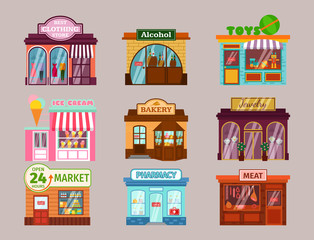 Vector flat design restaurant shops facade storefront market building architecture showcase window illustration.