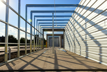 Steel storage units under construction.
