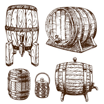 Wooden barrel vintage old hand drawn sketch storage container liquid beverage fermenting distillery cargo drum lager vector illustration.