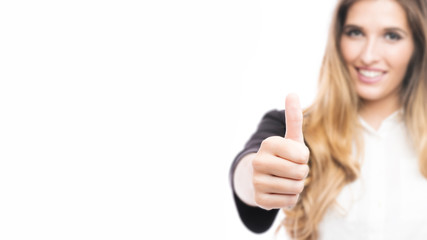 Happy smiling businesswoman with thumbs up gesture, isolated on white background