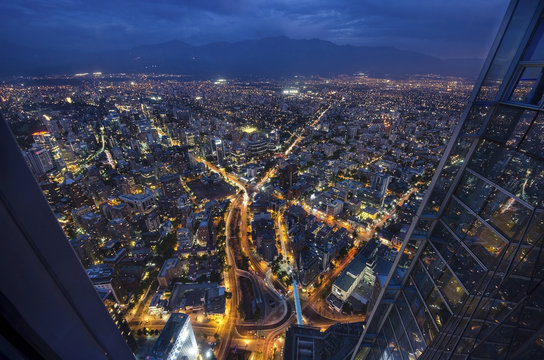 Panoramic city view from the Gran Torre Santiago in Santiago de Chile.