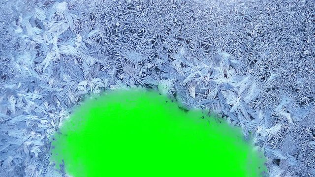 Beautiful frozen window melting animation from bottom to top, timelapse defrost transition, natural dissolve, isolated on green chroma key background matte, alpha channel.