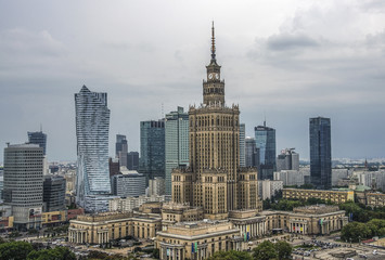 Warsaw, Poland. Aerial view Palace of Culture and Science and downtown business skyscrapers, city center.