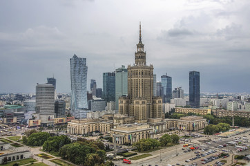 Fototapeta na wymiar Warsaw, Poland. Aerial view Palace of Culture and Science and downtown business skyscrapers, city center.