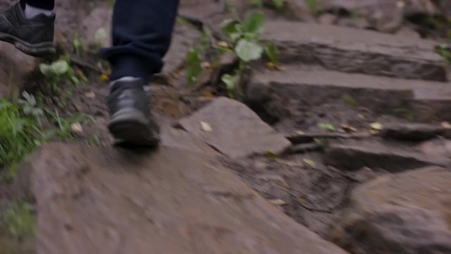 Athlete running through the woods. Feet, bottom view. Morning run through woods men, rear view. Healthy lifestyle and sport activities