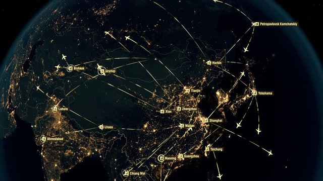 Global Communications - Destinations all over the World. North Hemisphere. Airport International Connectivity. World Airplane Flight Travel Plans Connections.