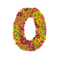 number 0 made from Zinnias flowers isolated on white background.Colorful zinnia flower put together in number two shape with clipping path