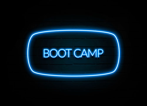 Boot Camp  - colorful Neon Sign on brickwall