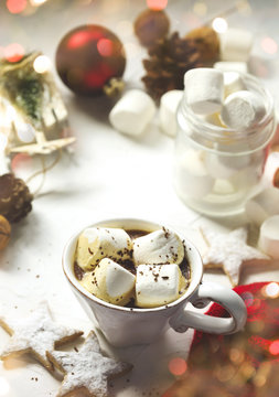 Mug filled with hot chocolate and marshmallows