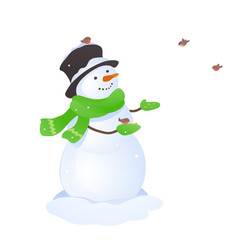 Snowman feeding birds