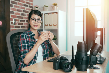 happy attractive woman photographer face to camera