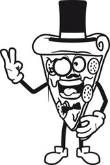 maskottchen sir herr gentlemen reich monokel brille zylinder hut mustache schnurrbart peace zeichen lecker logo figur gesicht teil stück pizza rund groß comic cartoon clipart salami
