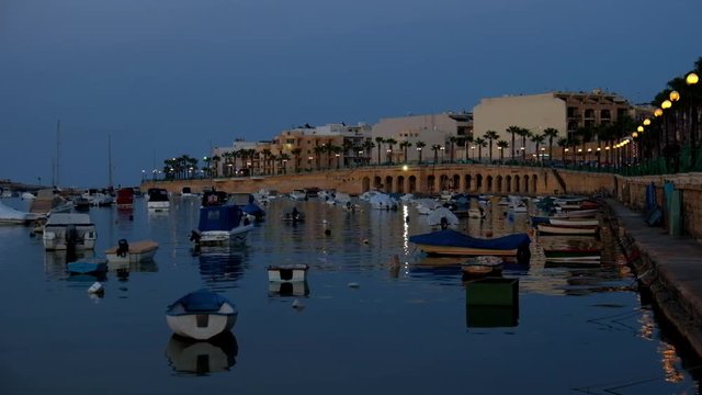 The night view of Marsaskala waterfront and Marsaskala Creek. Malta