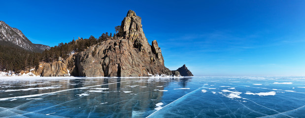 Baikal Lake. Panoramic view from ice on the Belltower Rocks
