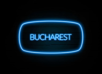Bucharest  - colorful Neon Sign on brickwall