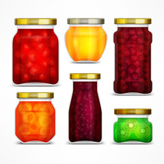 Natural fruit jam preserves jars with strawberry, cherry.