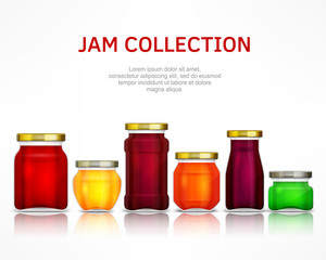 Jam collection, natural fruit glass jar, food design poster.