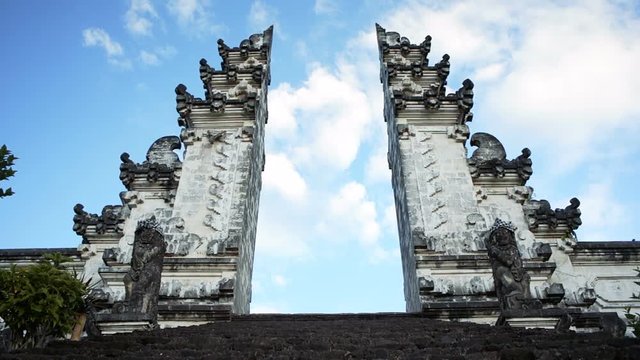 Steps leading to the split gateway of the temple Pura Luhur Lempuyang, Bali, Indonesia. The split gateway is the traditional balinese entrance to the temple which is named candi bentar