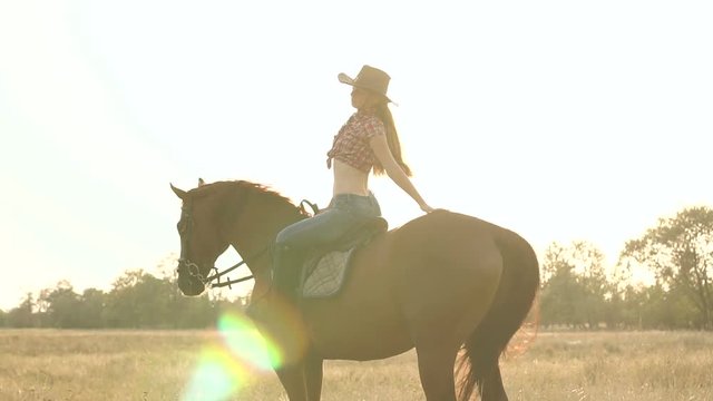 Silhouette of a woman riding a horse in the background sunset or sunrise in the field, slow motion.