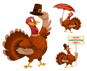 Happy Thanksgiving Day with funny cartoon turkeys. Cartoon styled vector illustration. Elements is grouped. No transparent objects. Isolated on white.