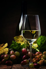Dry white wine in glass, old-fashioned still life, selective focus