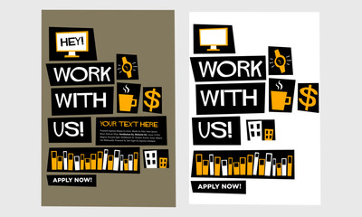Work With Us! (Flat Style Vector Illustration Recruitment Poster Design) With Text Box Template 