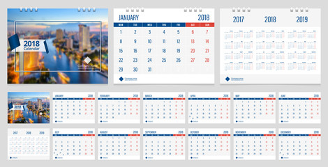 Calendar 2018 week start on Monday corporate business luxury design layout template with blue ribbon and whit line frame vector. Sample image with Gradient Mesh.