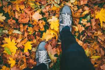 Young man walking in sneakers on ground with autumn leaves