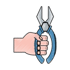 flat line  colored hand  with plier   doodle  over white background vector illustration