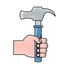 flat line  colored hand  with hammer  doodle over white background vector illustration