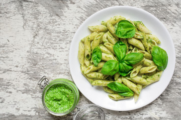 penne pasta with basil pesto and herbs