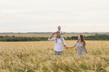Naklejka na ściany i meble Happy childhood, family together on wheat field