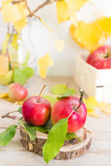 Autumn apples on wooden background with leaves