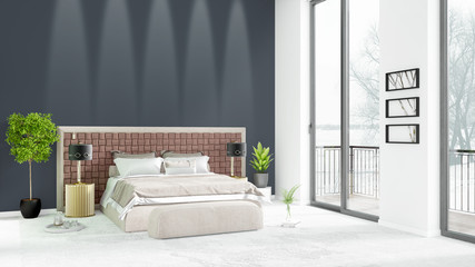 Brand new white loft bedroom minimal style interior design with copyspace wall and view out of window. 3D Rendering.