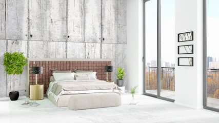 Brand new white loft bedroom minimal style interior design with copyspace wall and view out of window. 3D Rendering.