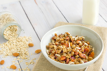 Bowl of breakfast muesli with milk